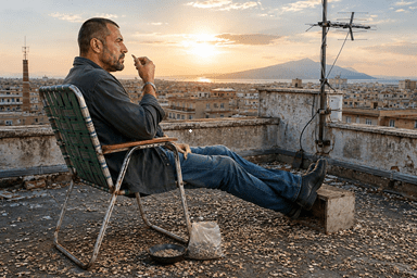 Un hombre está comiendo pipas en una azotea. Es la resolución de la investigación de un detective privado